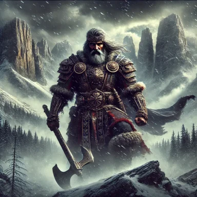 A warrior (Vasily Buslayev: the hero of the ballad cycle of Novgorod) in ornate armour stands amidst a snowy mountain landscape.