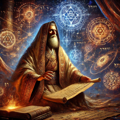 Elderly figure in robes reading from ancient scrolls, surrounded by mystical symbols and light.