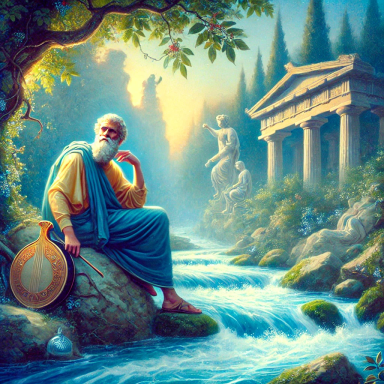 An elderly philosopher (Homer) sits by a serene river (the Meles), surrounded by trees and classical ruins.