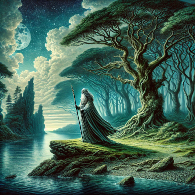 A cloaked druid stands by a river under a starry sky, surrounded by ancient trees (on the island of Angelsey, home of the druids).