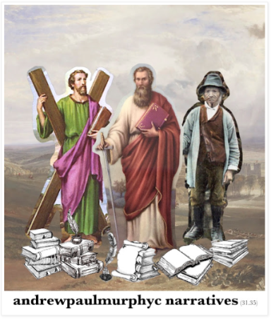 Three figures representing different narratives, with a stack of books and a quill in front. St. Andrew, St. Paul and Murphy