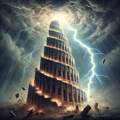 A towering spiral structure (The Tower of Babel) surrounded by dark clouds and lightning.