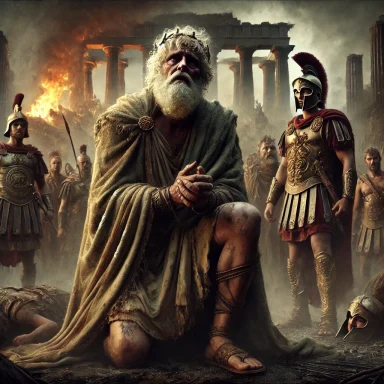 An elderly king kneels in despair, surrounded by armoured soldiers and a burning city. King Priam after the fall of Troy.