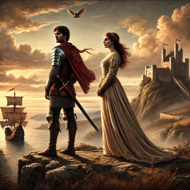 A knight (Tristram) and a woman (Isolde) stand on a cliff, overlooking a distant castle and sea with a ship.