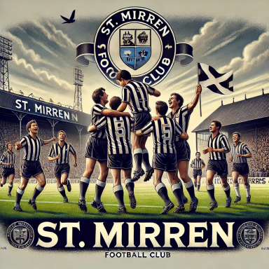 St. Mirren football team celebrating with a club emblem in the background.