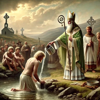 Saint Patrick baptising a kneeling man by a stream, with onlookers and a church in the background.