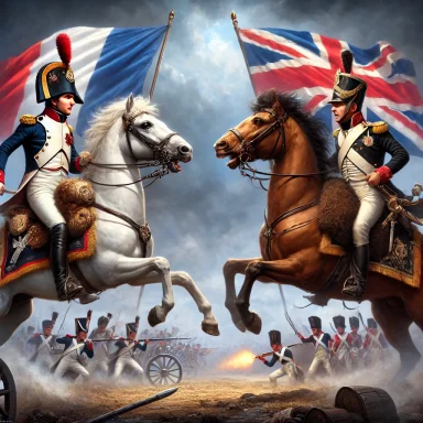 Two mounted generals (Napoleon and Wellington) in historical uniforms face off at the battle of Waterloo with flags of France and Britain.