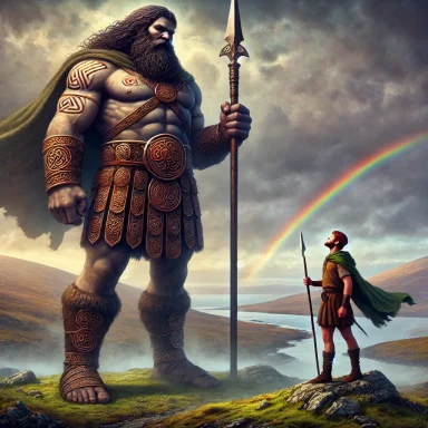 A giant warrior (Fionn MacCumhaill) stands over a smaller knight by a lake, with a rainbow in the background.