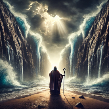 A robed figure (Moses) stands between towering cliffs of water (The Red Sea) and crashing waves, illuminated by divine light.