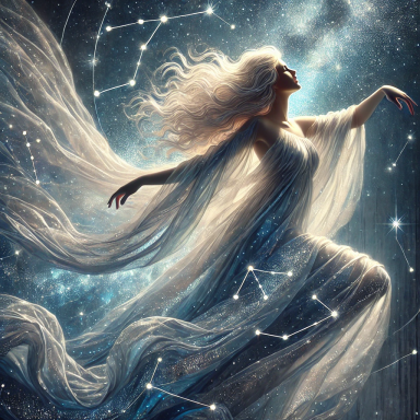 A celestial woman (Astraea) with flowing hair, surrounded by constellations (Virgo) and a starry background.