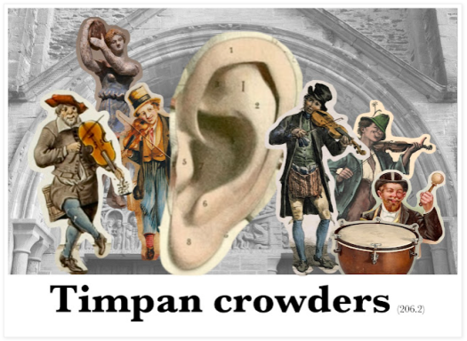 Collage of musicians near a large ear, titled "Timpani crowders."