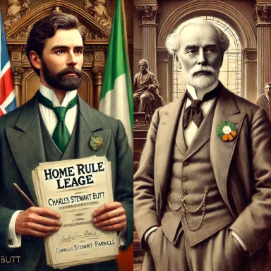 Portraits of two men (Charles Stuart Parnell and Isac Butt) in historical attire, one holding a Home Rule League document.