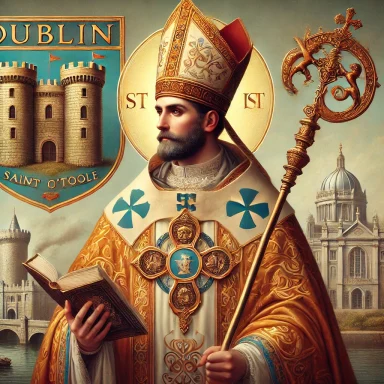 St. Laurence O'Toole holding a book, wearing a bishop's attire, with Dublin's castle in the background.