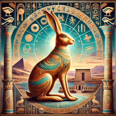 A golden hare adorned with turquoise patterns, set against an ancient Egyptian backdrop (symbol of Osiris).