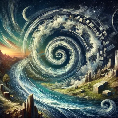 Abstract swirling landscape with a river, mountains, and cosmic elements.