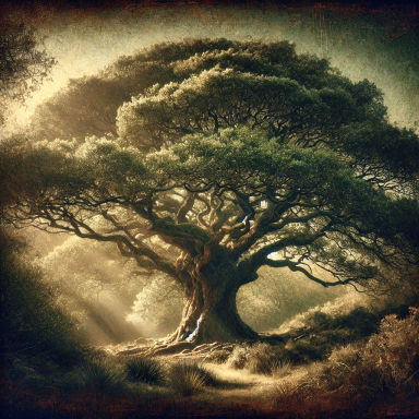 A large, ancient tree with sprawling branches in a misty forest setting.