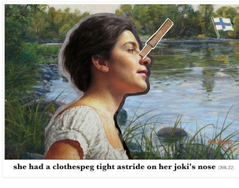 Woman beside a lake with a clothespin on her nose, playful and whimsical scene.