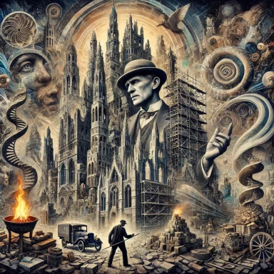 A surreal cityscape featuring towering Gothic structures and a mysterious figure in a hat (Bygmester Finnegan).