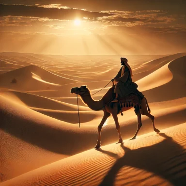 A lone rider (Muhammad) on a camel traverses sunlit sand dunes at sunset.