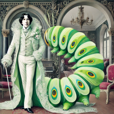 A man (Oscar Wilde) in an elaborate green outfit stands next to a giant, colourful caterpillar