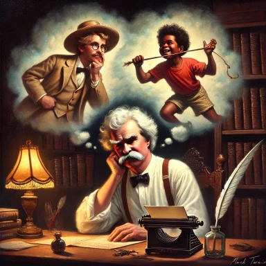 A thoughtful man (Mark Twain) in period attire reflects on two boys, one playful (Huckleberry Finn) and the other adventurous (Tom Sawyer).