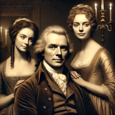 Portrait of a man (Jonathon Swift) and two women (his mistresses Vanessa and Stella) in 18th-century attire with candlelight.