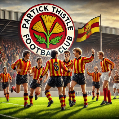 Celebrating players in red and yellow striped jerseys (Partick Thistle) at a football match.