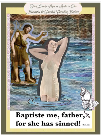 A woman stands in water, while a figure (John the Baptist) looks on, referencing a biblical theme.