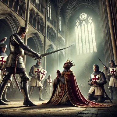 Thomas a'Beckett kneels before a knight in a grand cathedral, surrounded by armoured soldiers (supporters of Henry II).