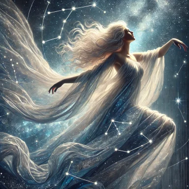 A celestial figure (Astraea) gracefully flowing through a starry sky with constellations (Virgo).